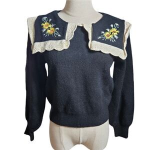 SHEIN Black Floral Embroidered Big Collar Sweater